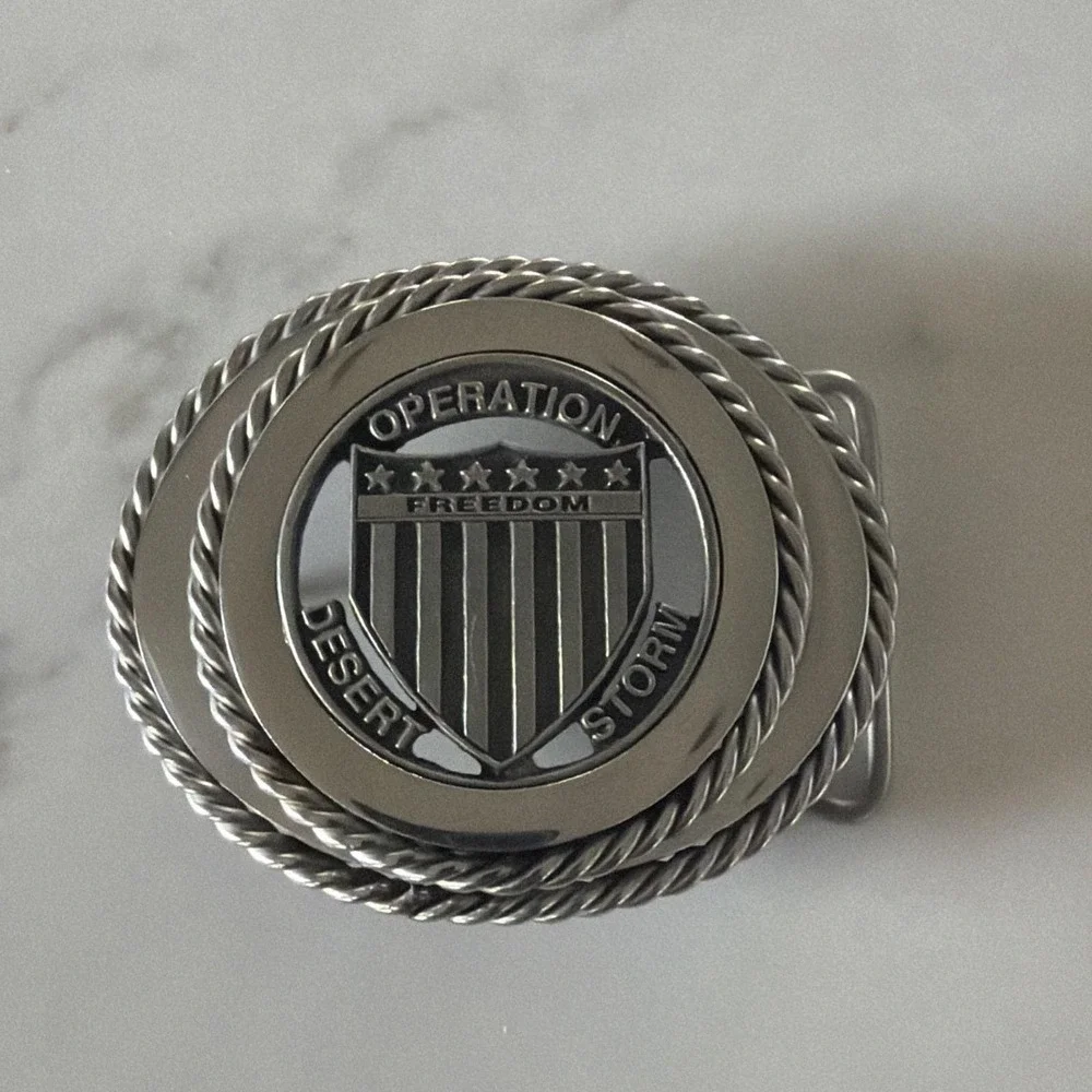 Vintage Silver Tone Operation Desert Storm Freedom USA Heavy Belt Buckle